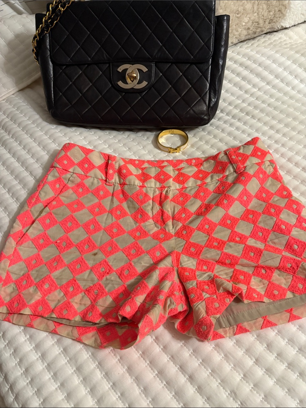 Ann Taylor Coral Pink and Tan Diamond Embroidered High-Waist Shorts